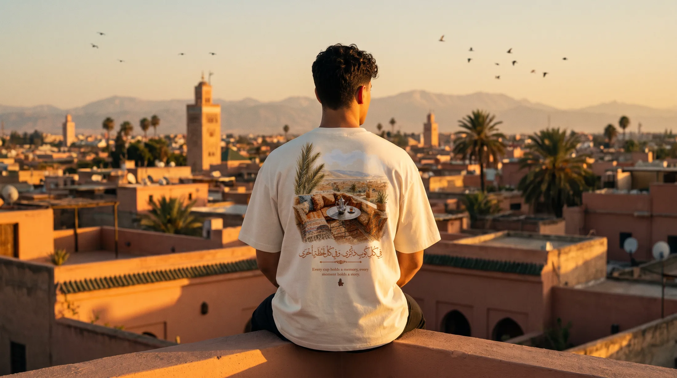 Homme vu de dos, assis sur une terrasse au coucher du soleil, portant un t-shirt.